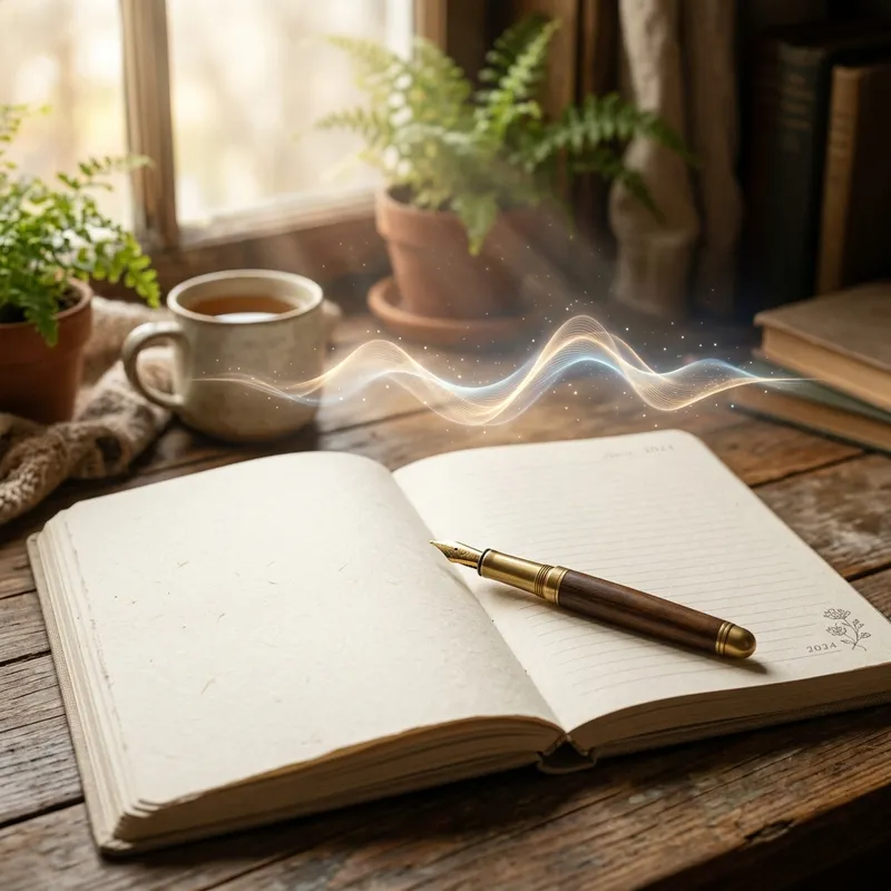 Blank open journal page with pen and audio waves